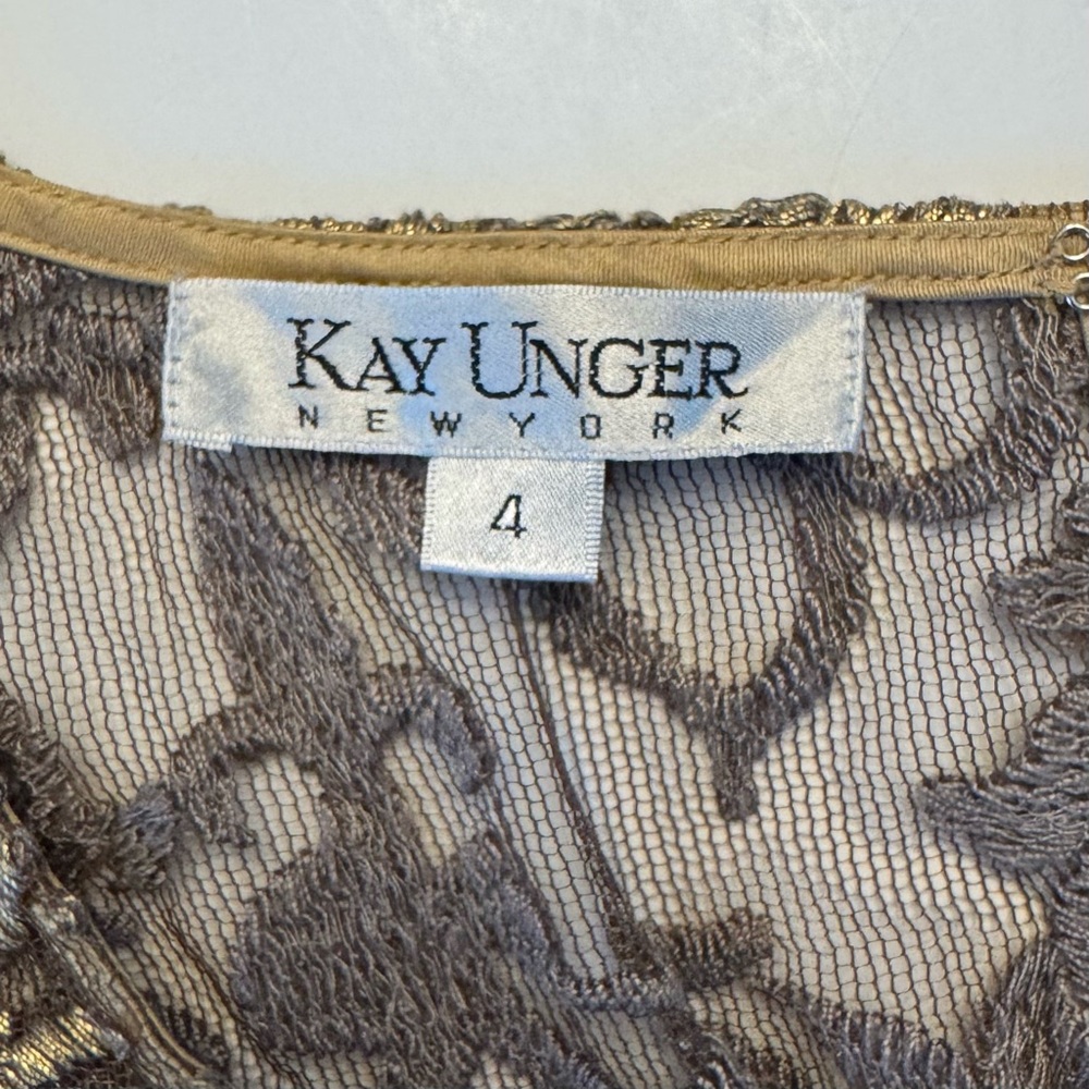 Kay Unger Lace Overlay Metallic Gold Sheath Dress Sheer Party Date Event Sz 4 - Picture 11 of 13